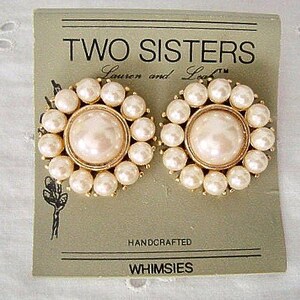 Vintage NEUE alte Lager TWO SISTERS "Whimsies" Perle durchbohrt Statement Ohrringe
