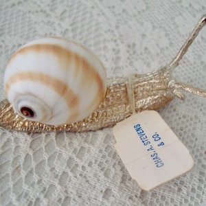 May include: A decorative snail figurine with a shell of alternating white and tan stripes. The snail's body is metallic gold, and it has two antennae. A tag is attached with the text "CHAS. A. STEVENS & CO."