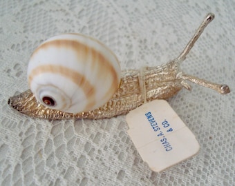 Vintage Silver Snail w Real Shell On Back Tabletop Figure 2 1/4" Long w CHAS. A STEVENS Tag