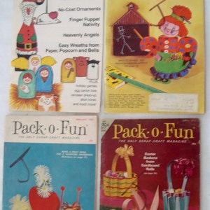 May include: Four vintage "Pack-o-Fun" magazines. The covers display colourful illustrations of crafts, including Santa Claus, finger puppets, and Easter baskets. The magazines are from different months and years.
