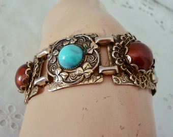 Vintage Filigree and Shamrock Link Bracelet w Faux Turquoise and Bronze Cabochons