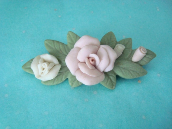 Vintage Bone China Rose & Rose Buds Pin Brooch