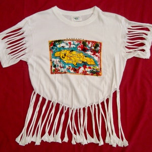 Camiseta unisex vintage de manga corta con flecos del mapa de Jamaica, talla L - NUEVA, sin usar