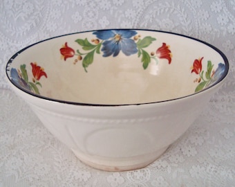 Antique HARKER 1840 Bow & Arrow Mark - 9" Mixing Bowl - Blue, Red, Gold Green Flowers - Black Rim