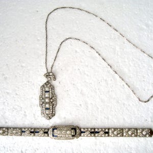 Set di collana e bracciale in cristallo e strass Art Déco antico - Blu zaffiro