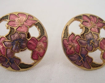 Vintage Round Cut Out Cloisonne Screw-on Earrings - Pink & Purple Lilies