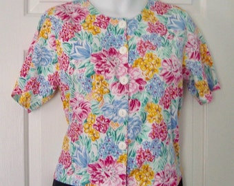 Vintage Women's TALBOTS 100% Cotton, Button Front, Short Sleeve, Floral, Knit Top Size L - Looks Like Never Worn