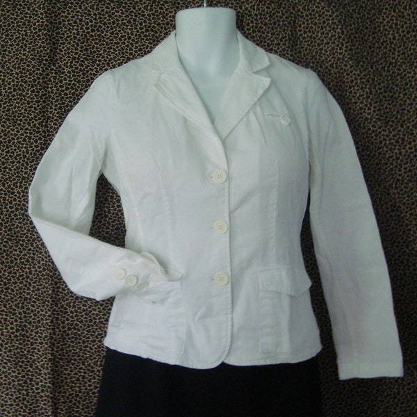 Vintage Women's NEW YORK & COMPANY White Stretch Fitted Casual Twill Jacket Size 6 - Looks Like Never Worn