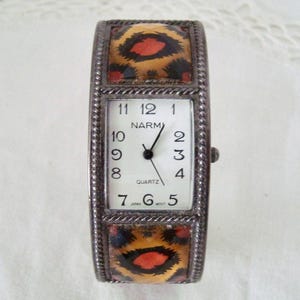 Vintage Women&#39;s NARMI Working Quartz Watch Gunmetal Band w Jungle Accent - Bangle Style - New Battery