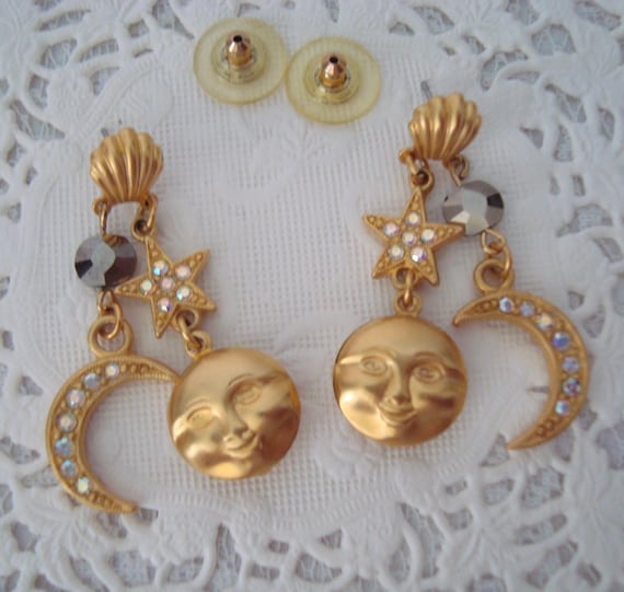 Vintage Smiling Moon Face, Crescent Moon & Star Dangling Pierced Earrings