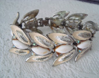 Vintage Signed ART Silver Tone Bracelet w Enamel, Themoset Cabochons & AB Stones - For Small Wrist 6 1/2"
