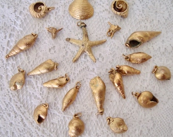 22 Piece Lot Vintage, Charm Size, Gold Dipped, Real Sea Shells - Various Shapes