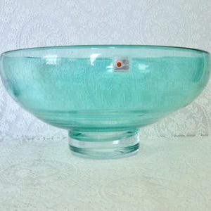 Vintage BLENKO Large, Hand Blown, Aqua Glass Centerpiece, Salad or Fruit Bowl - 11&quot; Diameter - 5 1/2&quot; Tall w ORIGINAL Label