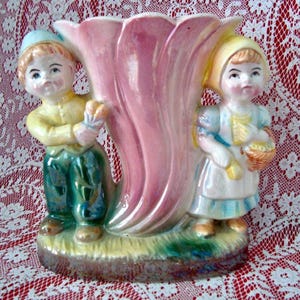 Vintage holländsk barnvas med lysterfinish, pojke och flicka - vackra färger