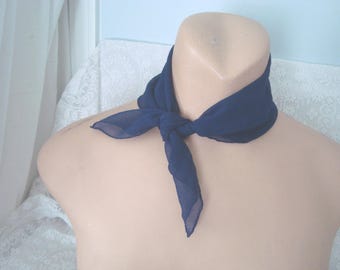 Vintage Navy Blue, Sheer, Silk Chiffon, 18" Square Neck Scarf w Hand Rolled Hem