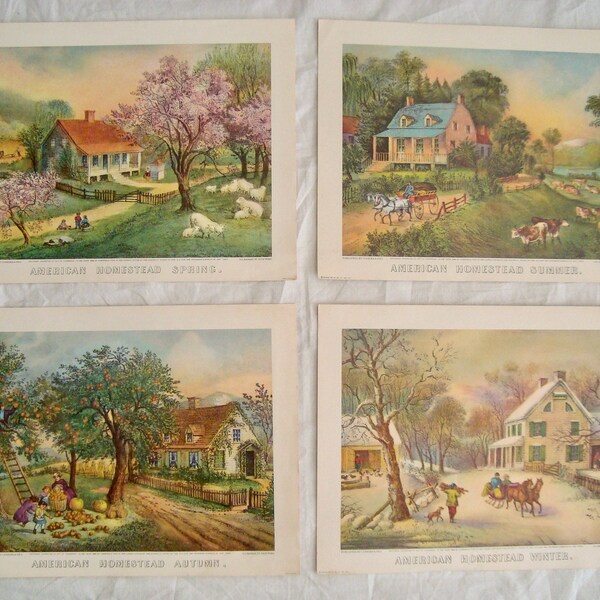 Set of 4 DONALD ART CO - Currier & Ives "American Homestead" Litho Prints 14 x 11