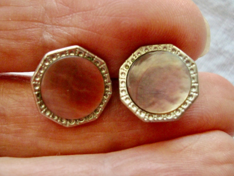 VINTAGE 1920/'s Art Deco Octagon Cufflinks Silver Tone w Pink Mother of Pearl