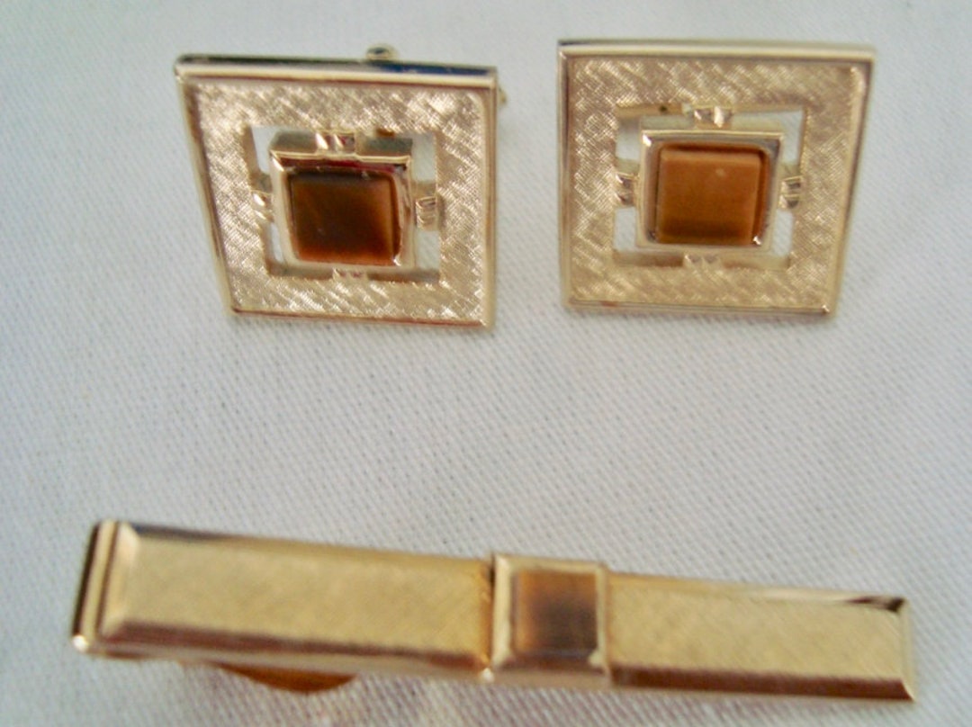 Set Barre De Cravate Et Boutons De Manchette Swank - Ton Or - Vintage