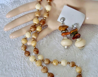 Vintage Earth Tone Stone Beaded Necklace & Dangle Pierced Earrings