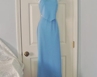 Vintage Women's SCENE Blue w Silver Metallic Evening Maxi Skirt and Top Set Size 3/4 -
