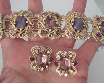 Vintage 1950s Chunky Statement Purple Rhinestones Panel Link Bracelet w Clip-on Earrings Set