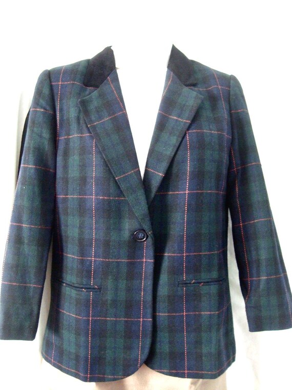 1980's Vintage Womens SAG HARBOR Black Watch Plaid Wool Blend Blazer Jacket w Velvet Collar Sz 12P - Like New Condition