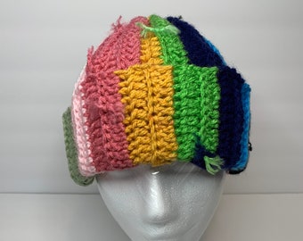 Handmade Hand Tied Beanie One of a kind hat Crochet Scrap beanie Colorful toque Multicolored hand knit beanie Versatile beanie Winter hat