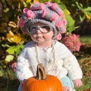 Halloween Hat, Old Lady Hat, Hat with Curlers, Baby Hat, Crochet Baby Curler Hat, Hairdresser hat, Halloween wig, Child costume, Beautician image 3