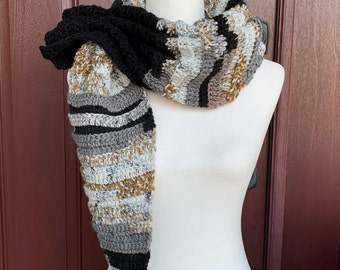 Black Crochet Keyhole Scarf Handmade crochet Shawl Crochet wrap Knit cover up Asymmetrical festive neck accessory Wedding cover up