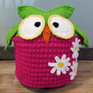 May include: A crocheted owl-shaped hot water bottle cover in pink with green wings and white daisy accents.