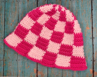 Pink checkered bucket hat plaid knit checkered hat crochet toque cosplay checkered hat pink bucket hat