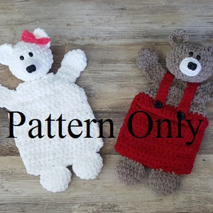 May include: Pattern Only. Two crocheted stuffed animals, a white polar bear with a red bow and a brown bear wearing red overalls.