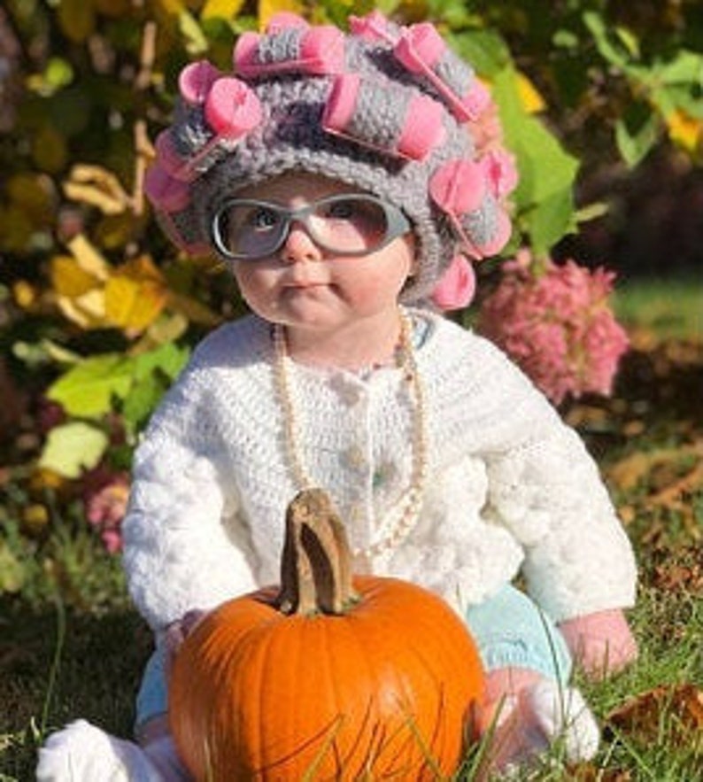 Halloween Hat, Old Lady Hat, Hat with Curlers, Baby Hat, Crochet Baby Curler Hat, Hairdresser hat, Halloween wig, Child costume, Beautician image 3