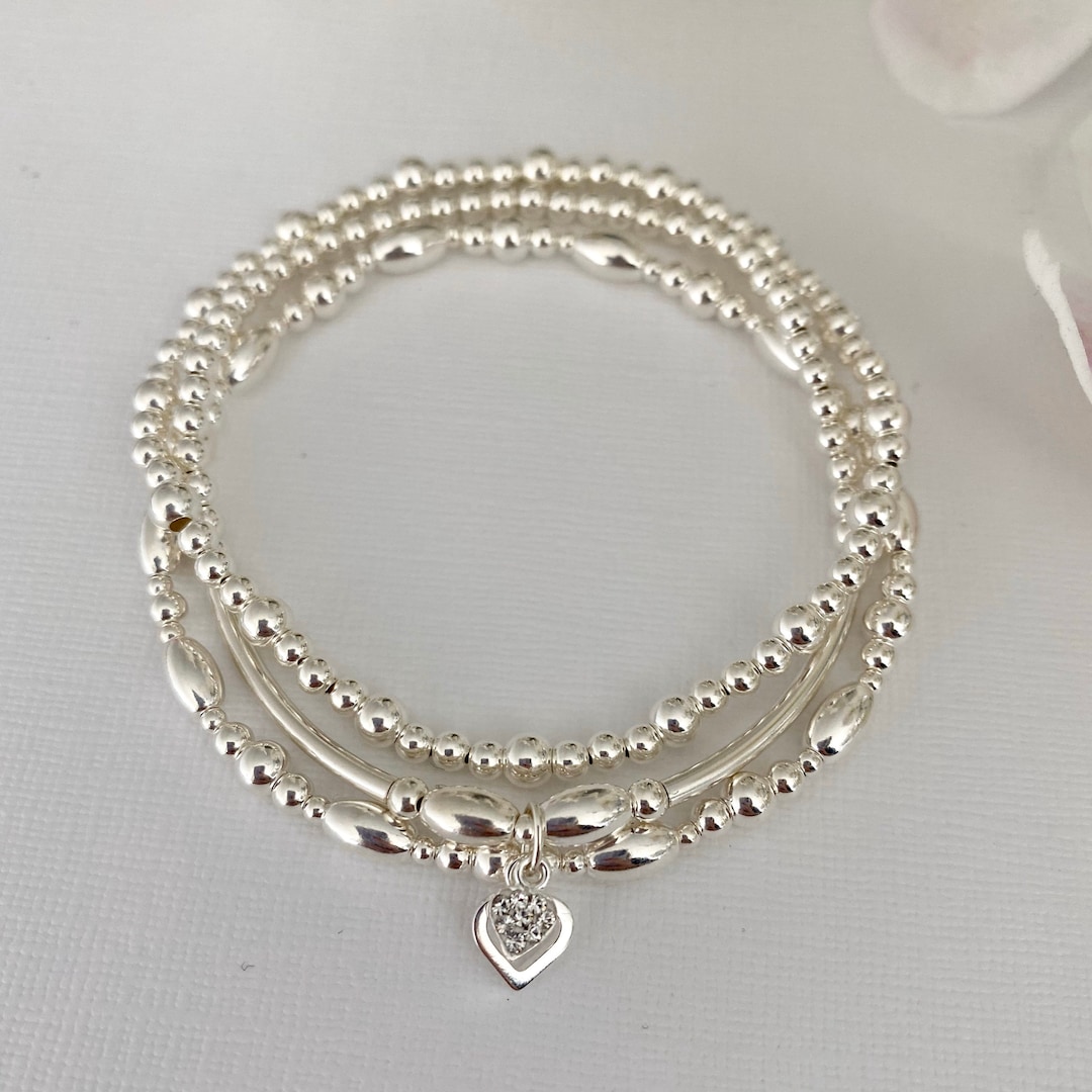 Set of 3 Sterling Silver Beaded Bracelets. Bracelets With Heart Charms