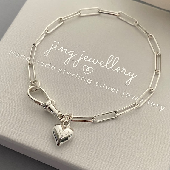 Sterling Silver paperclip bracelet, Chain link bracelet with heart charm, Heart jewellery, Gift for her, Mother Daughter gift