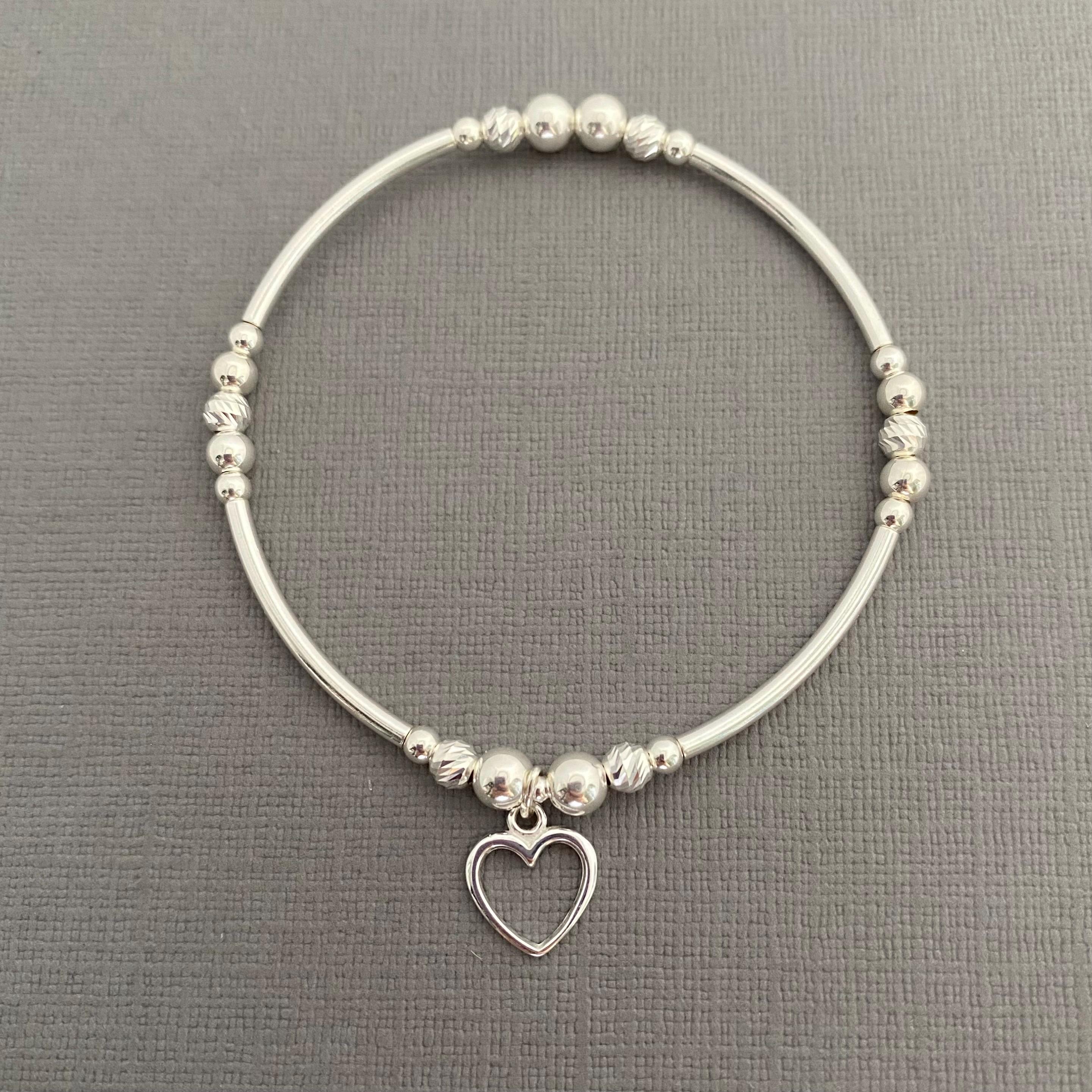 Sterling Silver Beaded Bracelet, Silver Bracelet With Heart