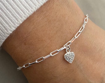 Sterling Silver paperclip bracelet, Chain link bracelet with sparkly heart charm, Heart jewellery, Gift for her, Mother Daughter gift