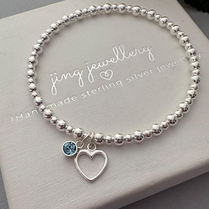 Birthday Bracelet, Sterling Silver beaded bracelet, birthstone and heart charm bracelet, Stretch beaded bracelet, special birthday gift