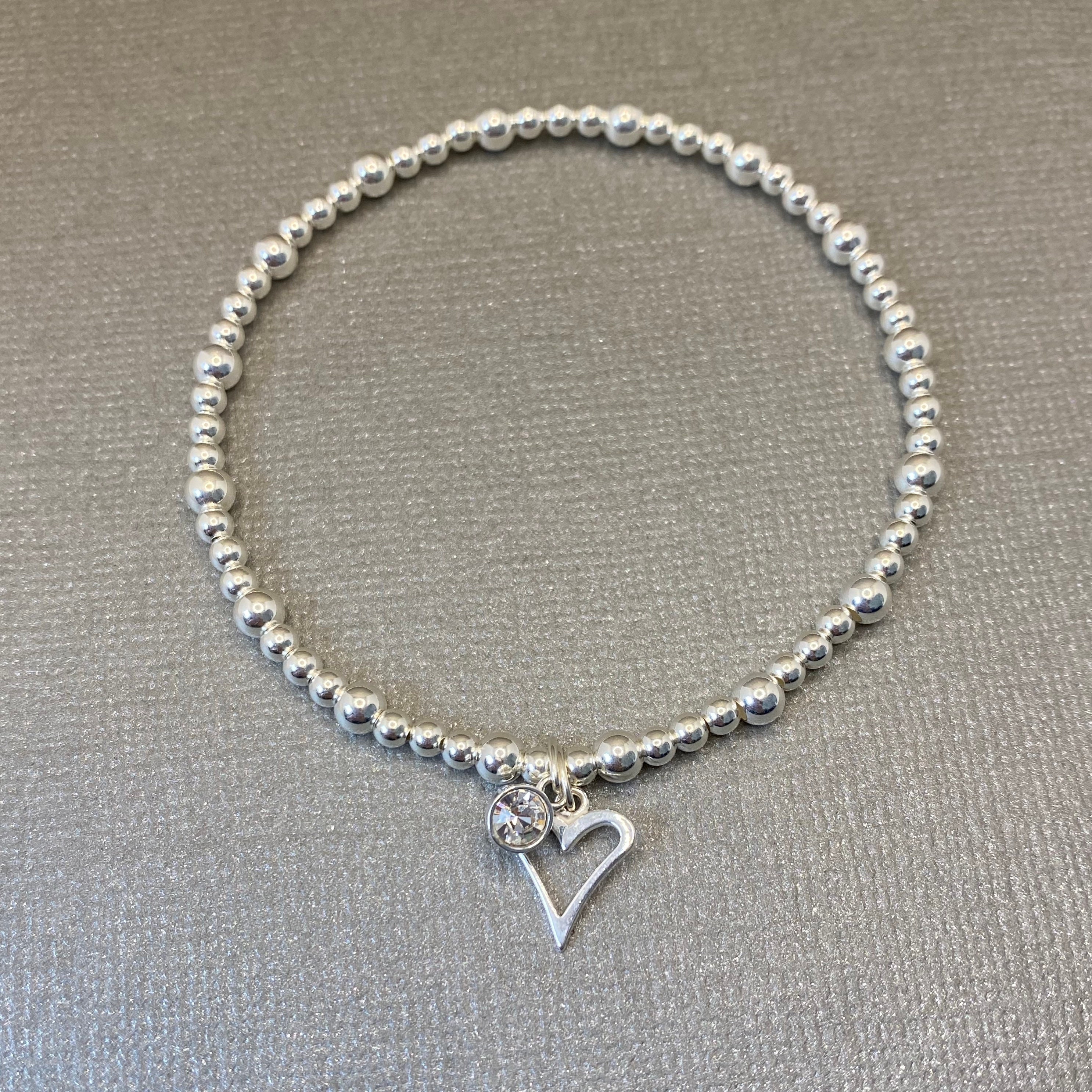 Silver Heart Bracelet, Silver Beaded Stretch Heart Charm