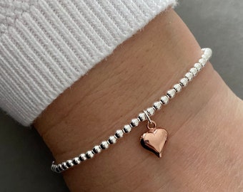 Sterling Silver beaded stretch bracelet rose gold puffed heart charm Stacking Beaded elastic heart Bracelet