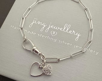 Sterling Silver paperclip bracelet, Chain link bracelet with double heart charm, Heart jewellery, Gift for her, Mother Daughter gift