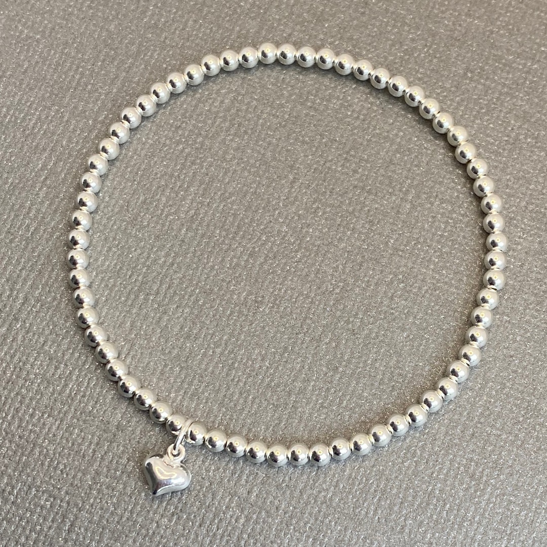 Sterling Silver bracelet, heart charm beaded stretch Stacking bracelet