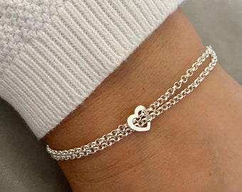 Sterling Silver Chain Heart Bracelet, Double strand Bracelet with floating heart , Heart jewellery, belcher chain, Gift for Her.