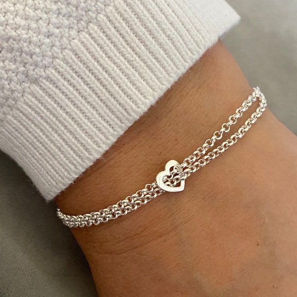 Sterling Silver Chain Heart Bracelet, Double strand Bracelet with floating heart , Heart jewellery, belcher chain, Gift for Her.