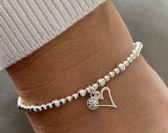 Silver Heart Bracelet, Silver Beaded Stretch Heart Charm Bracelet