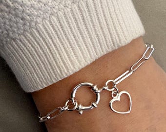 Sterling Silver paperclip bracelet, Chain link bracelet with open heart charm, Heart jewellery