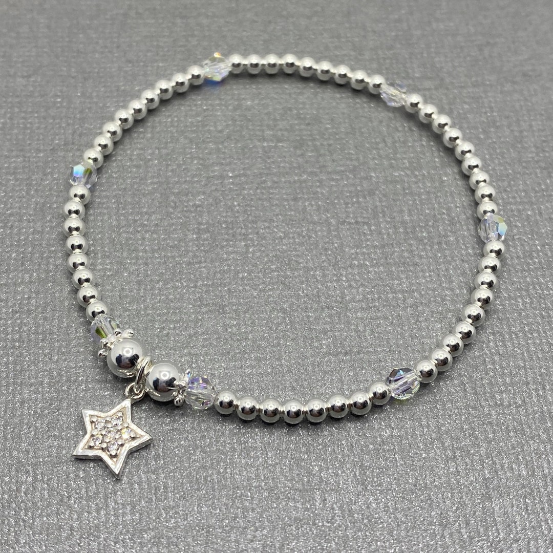 Sterling Silver 925 Beaded Stretch Bracelet With Star Charm Etsy Uk