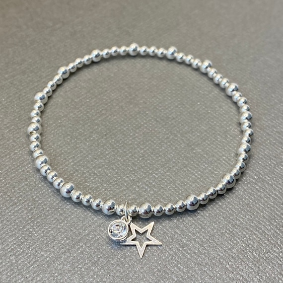 Silver Star Bracelet, Silver Beaded Stretch Star Charm