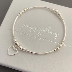 Sterling Silver beaded bracelet, Silver bracelet with heart charm, heart bracelet, Stretch beaded stacking bracelet, noodle bead bracelet