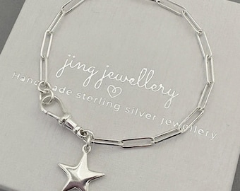 Sterling Silver paperclip bracelet, Chain link bracelet with star charm, Star jewellery, Gift for her, Mother Daughter gift